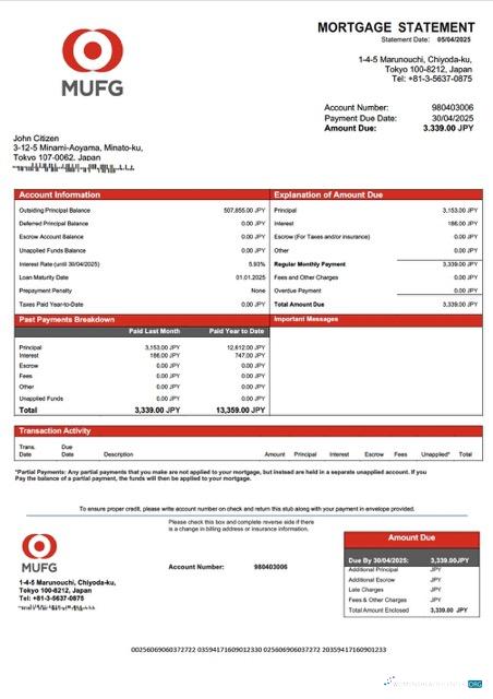 Japan The Bank of Tokyo Mitsubishi UFJ (MUFG) mortgage statement Word and PDF template